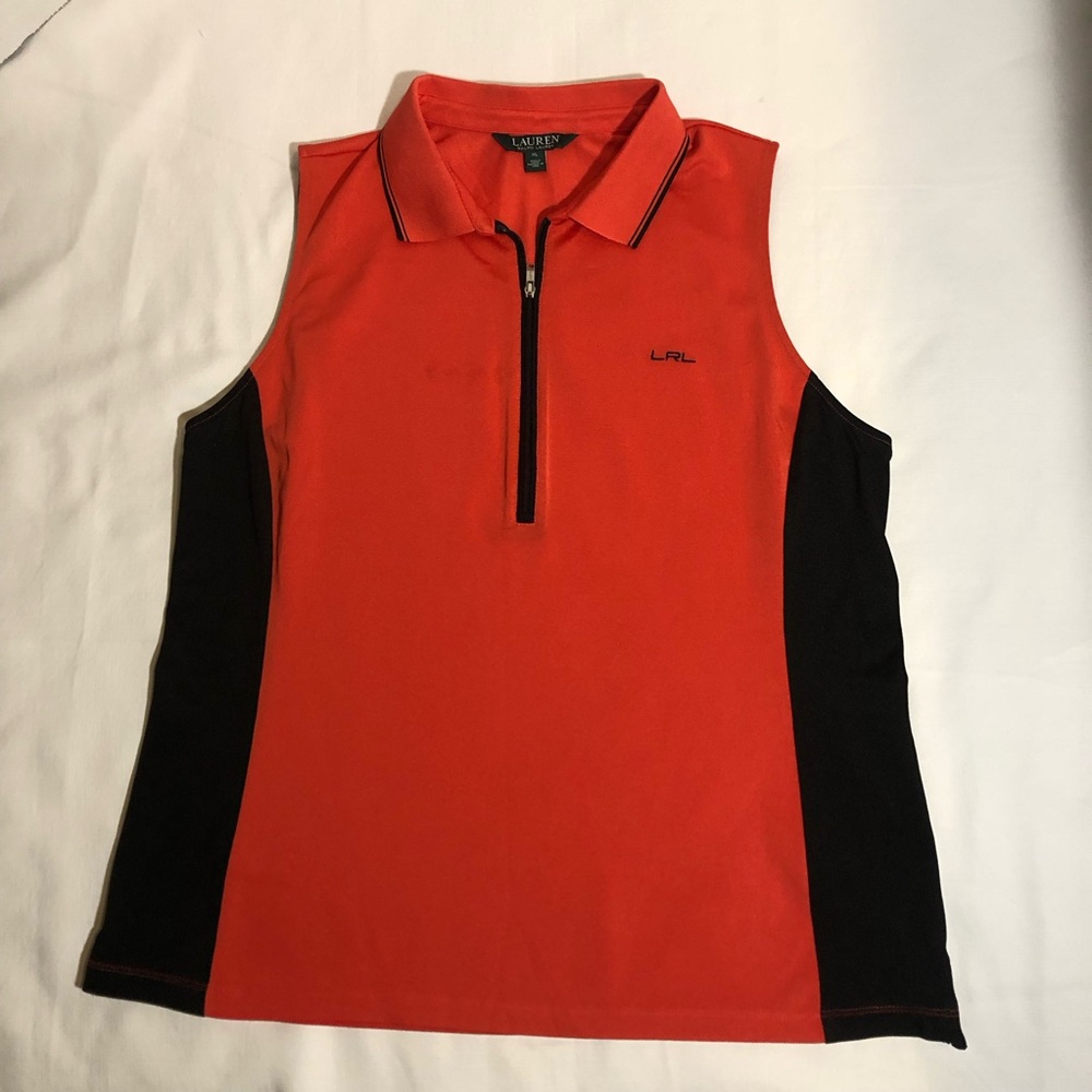 LAUREN RALPH LAUREN Women's Sleeveless Color Blocked Polo Shirt Coral/Black